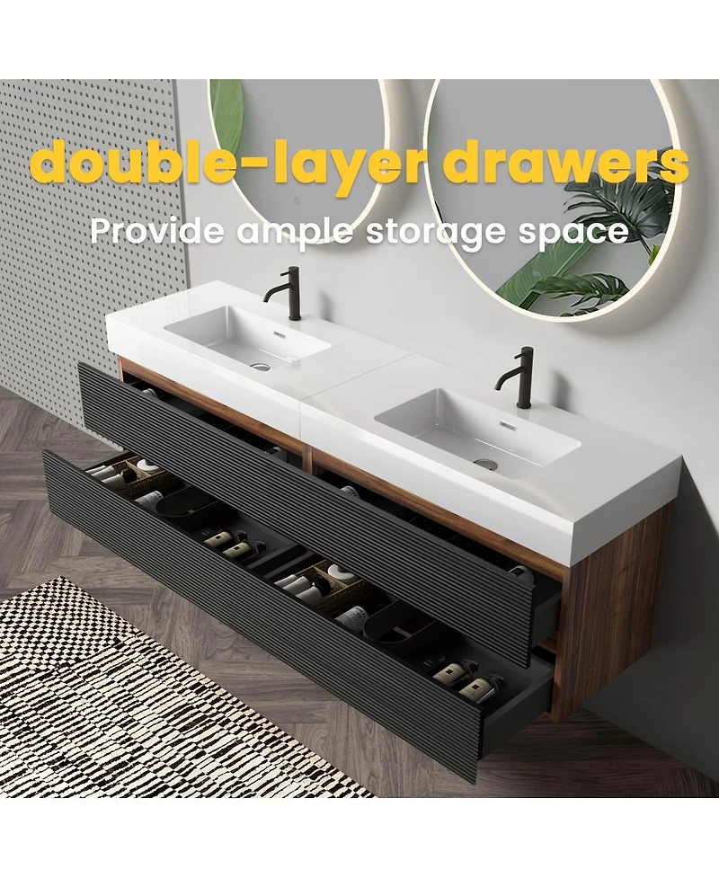 Sillysis 71.7" Floating Modern Double Sink Bathroom Vanity with Soft Close Drawers & Integrated Sinks for Large Bathrooms