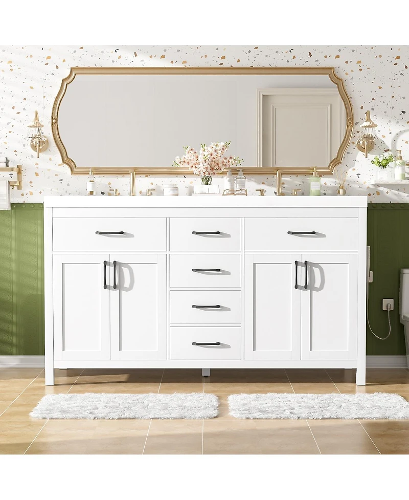 Sillysis 59.3" White Double Sink Bathroom Vanity with Smc Resin Basin, Solid Wood Frame & Soft Close Drawers for Large Bathrooms