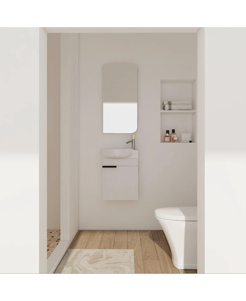 Sillysis 17" Wall-Mounted Modern Bathroom Vanity with Ceramic Sink, Black Chestnut Plywood Cabinet & Soft Close Door for Small Spaces