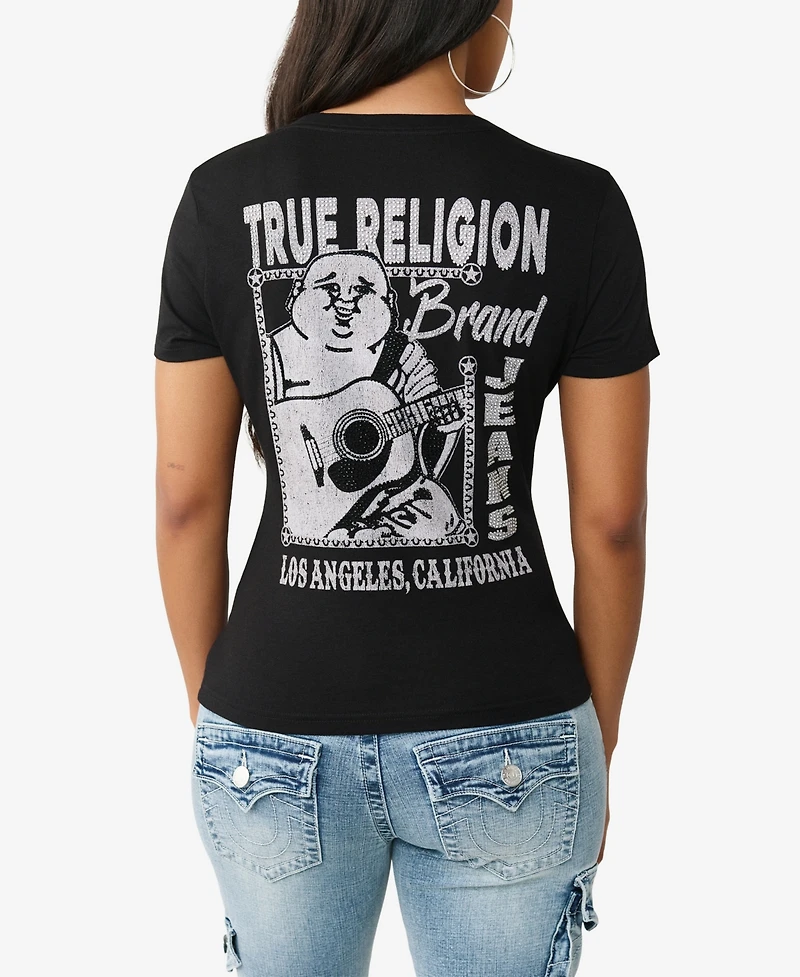 True Religion Women's Crystal Buddha V-Neck T-Shirt