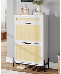 Gaomon Rattan Shoe Cabinet Storage with 2 Flip Drawers & Top Drawer, Freestanding Organizer Wooden Slim Rack Adjustable Shelves