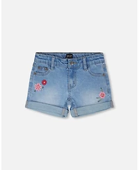 Deux par Deux Little Girls Little/ Embroidered Denim Shorts
