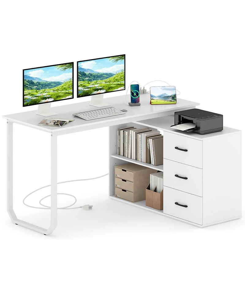 Sugift 55 in Reversible L Shaped Desk with Drawers and Storage Shelf