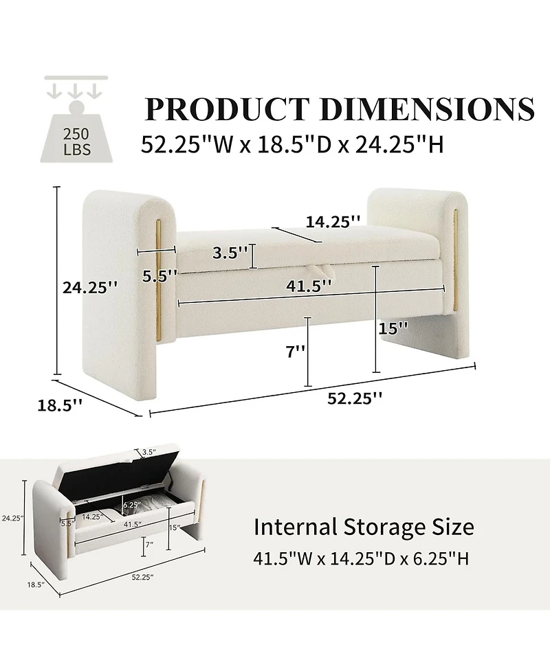 Rainsken Upholstered Storage Ottoman, Modern Teddy End of Bed Bench, Window Storage Stool with Arms for Living Room