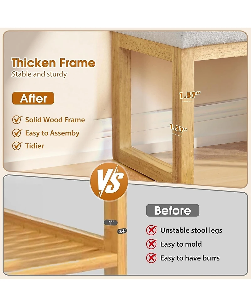 Rainsken Upholstered Wooden Ottoman Bench, Shoe Changing Bench, Rustic Entryway Shoe Bench for Bedroom, Living Room