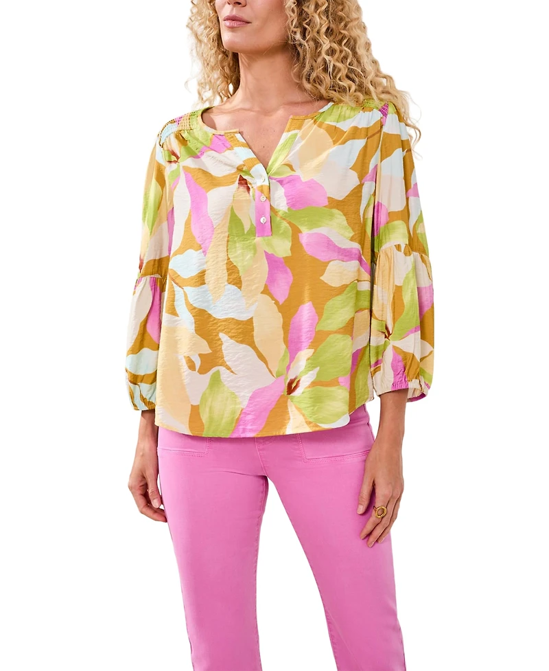 Tribal Women's Printed Challis Smocked Yoke Top