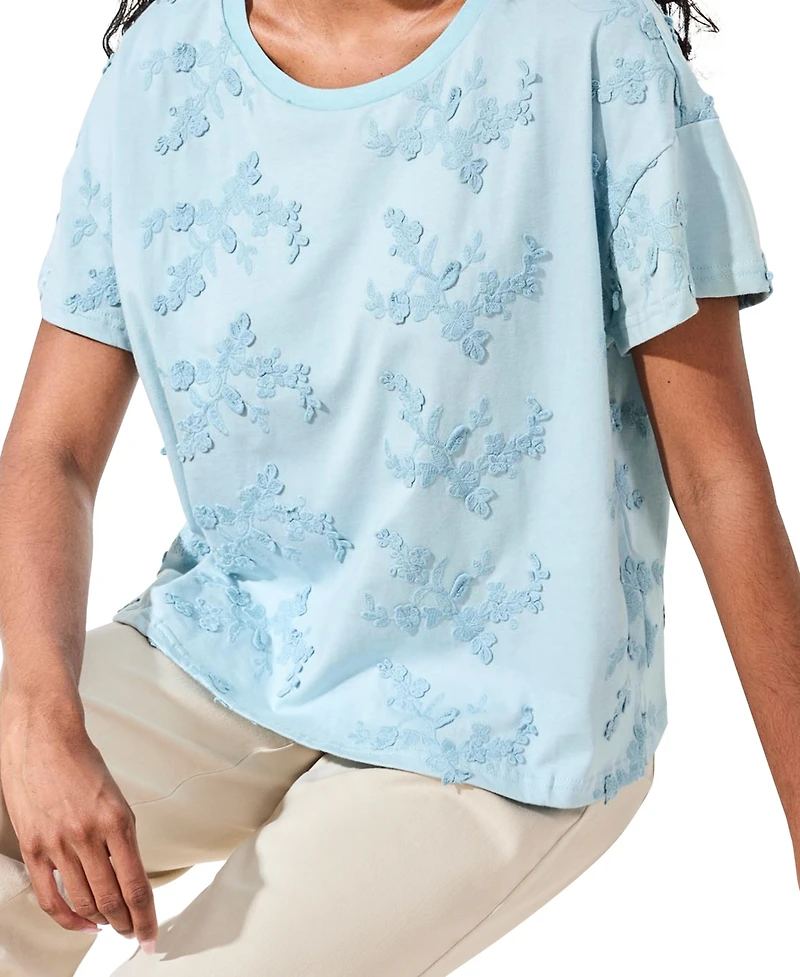 Tribal Women's Embroidered Knit Short-Sleeve Crew Top