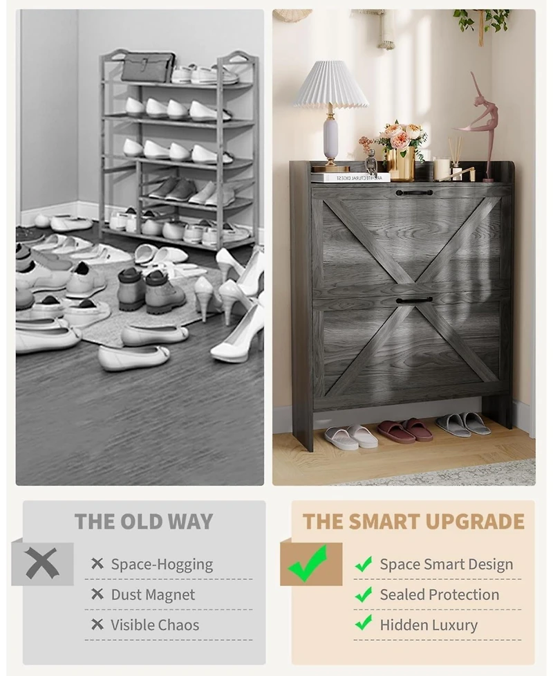 Homfan Slim Entrance Hallway Shoe Rack with 2 Folding Drawers - Adjustable Shelves Metal Legs Modern Space Saving Design Capacity 12-16 Pairs