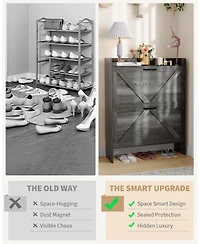 Homfan Slim Entrance Hallway Shoe Rack with 2 Folding Drawers - Adjustable Shelves Metal Legs Modern Space Saving Design Capacity 12-16 Pairs