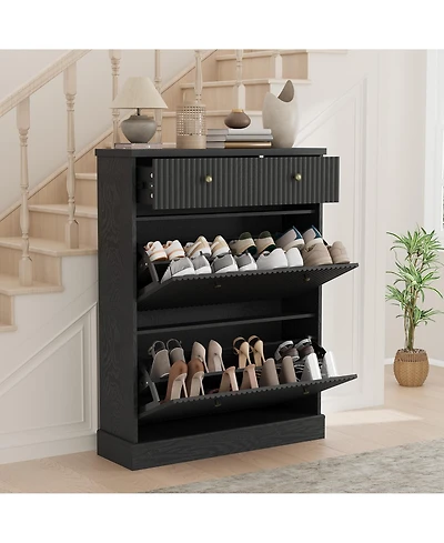 Homfan Fluted Shoe Storage Cabinet with 2 Flip Drawers and Top Drawer, 42" Tall Narrow Organizer, Curved Profile Design