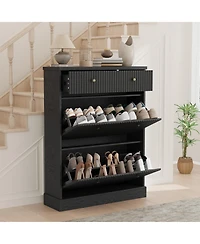 Homfan Fluted Shoe Storage Cabinet with 2 Flip Drawers and Top Drawer, 42" Tall Narrow Organizer, Curved Profile Design