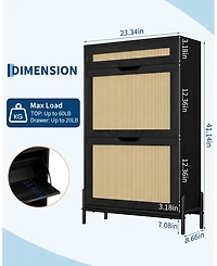 Homfan Rattan Shoe Cabinet Storage with 2 Flip Drawers and Top Drawer, Freestanding Organizer Wooden Slim Rack