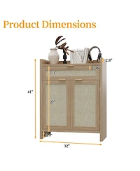 Homfan 2Pcs Modern Rattan Shoe Cabinet With Storage,32'' Boho Style Shoe Organizer Storage Cabinet With Shelves and Doors,Wooden Shoe Rack Cabinet