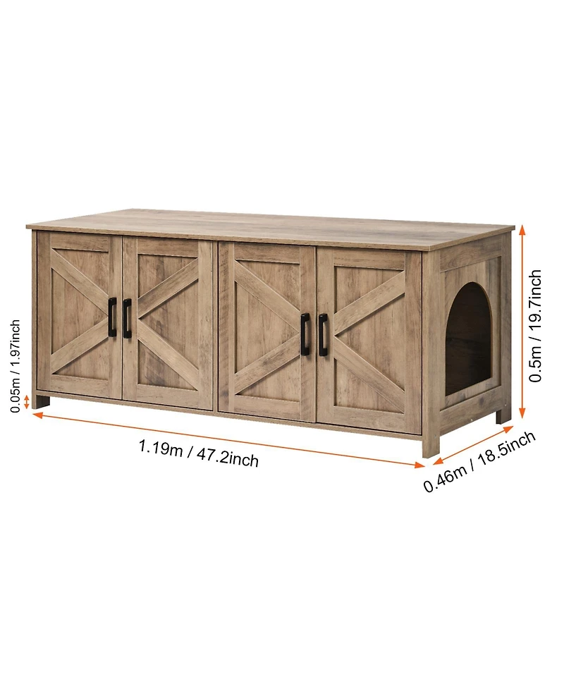 Zeus and Ruta Wooden Cat Litter Box Enclosure Hidden 2 Rooms Modern Litter Box Furniture Greige