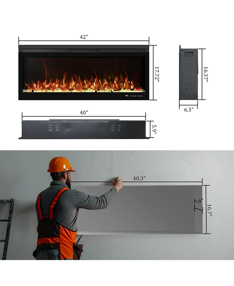 Mondawe 42" Linear Recessed-in Electric Fireplace with Remote Control, Adjustable Heat and Timer