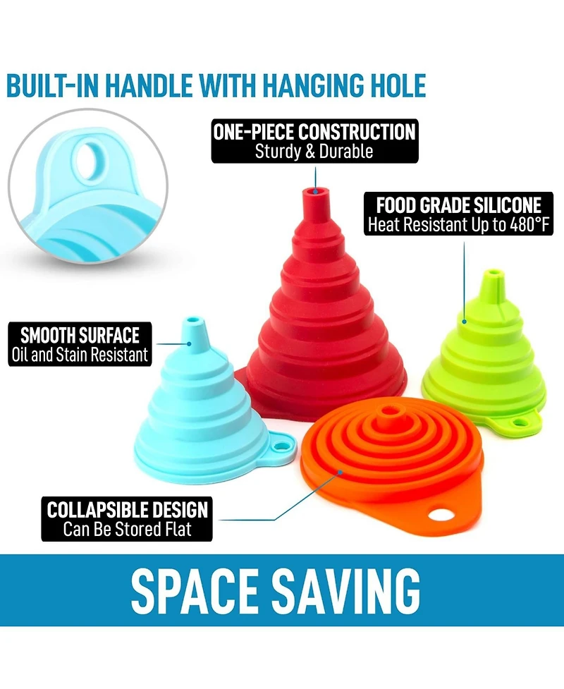 Zulay Kitchen Silicone Space Saving Collapsible Funnel Set With Narrow Mouth