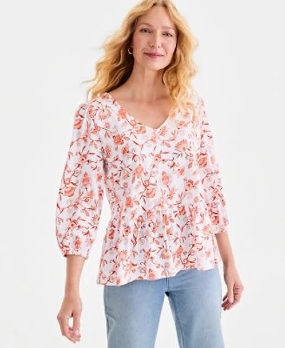Style Co Womens Printed 3 4 Sleeve V Neck Peplum Top Macys Exclusive