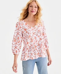Style Co Womens Printed 3 4 Sleeve V Neck Peplum Top Macys Exclusive