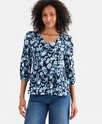 Style & Co Women's Printed 3/4-Sleeve V-Neck Peplum Top, Macy's Exclusive