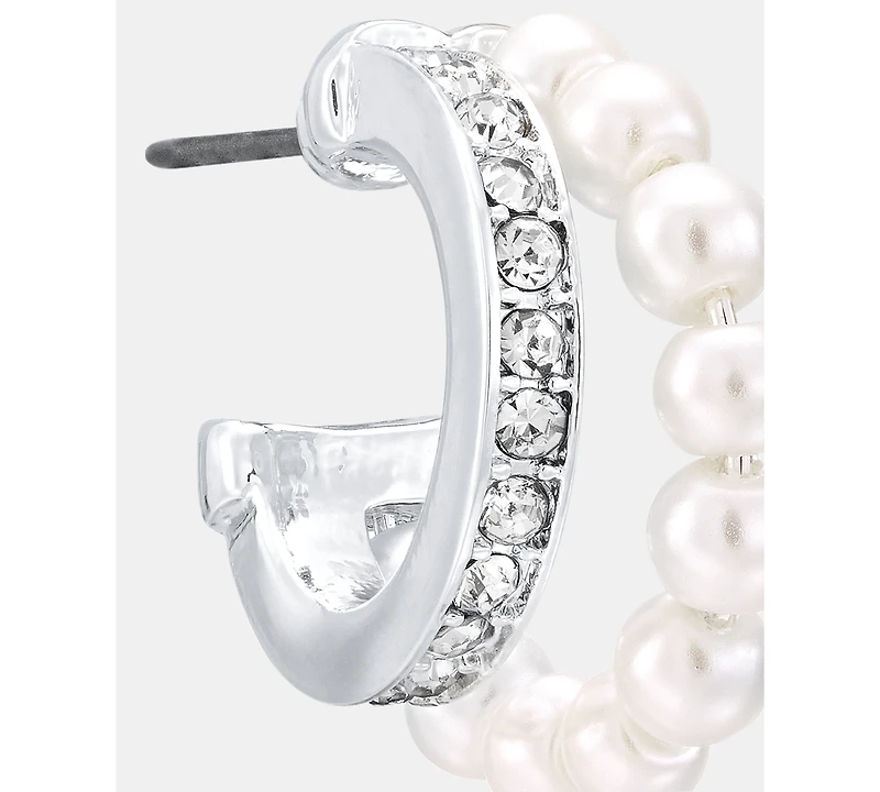 Anne Klein Silver-Tone Two-Row Imitation Pearl Huggie Earrings