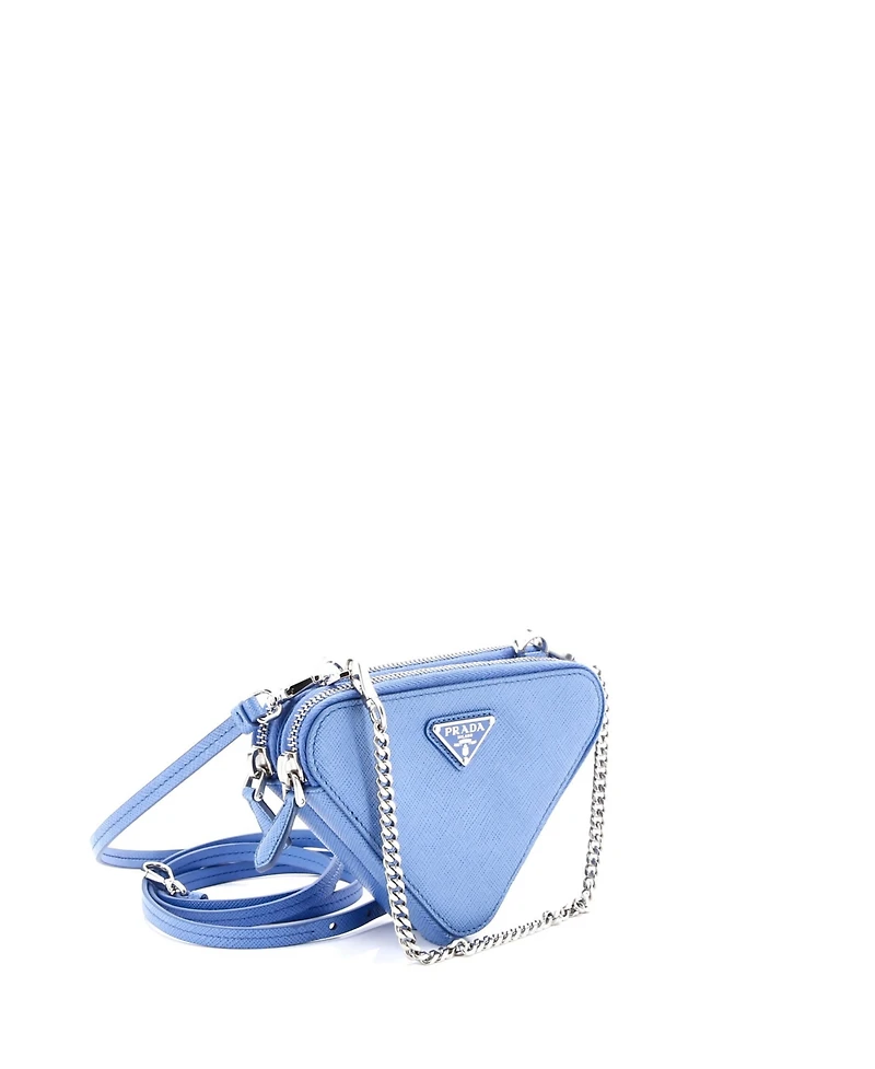Pre-Owned Prada Mini Triangle Double Zip Pouch Bag with Chain Saffiano Leather