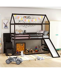 Gymax Loft Bed w/ Slide and Storage Staircase Twin Over Twin House-shaped Bunk Bed