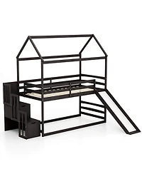 Gymax Loft Bed w/ Slide and Storage Staircase Twin Over Twin House-shaped Bunk Bed