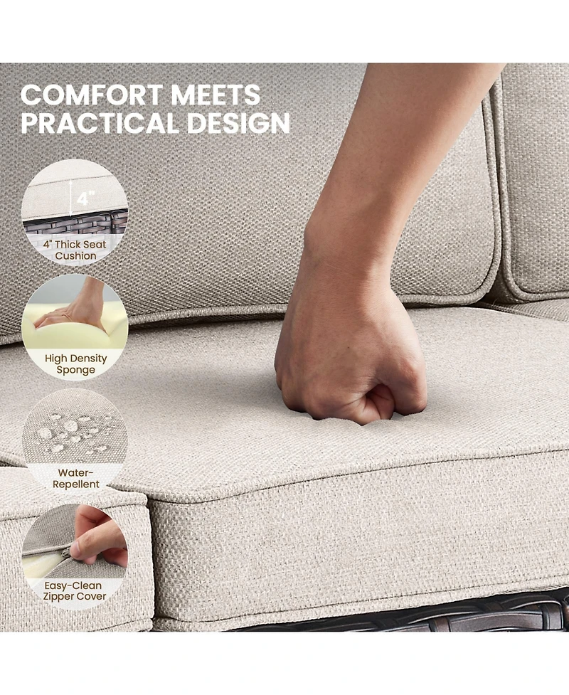 Gymojoy 5-piece patio set with 4 swivel rattan chairs, thick cushions, and a 30-inch propane fire pit table for cozy outdoor gatherings.