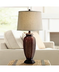 Regency Hill Tropical Table Lamps 29" Tall Set of 2 Weathered Brown Woven Wicker Jar Linen Drum Shade for Living Room Family Bedroom