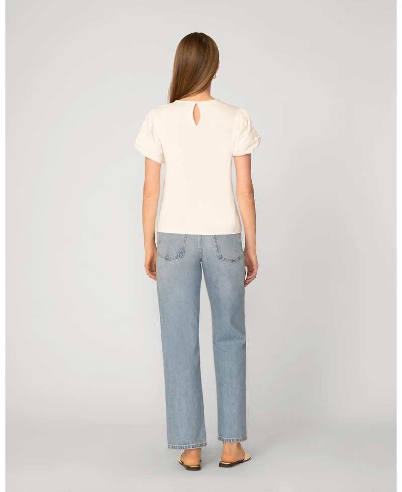 Cable & Gauge Women's Puff Sleeve Mix Media Trim Top