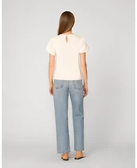 Cable & Gauge Women's Puff Sleeve Mix Media Trim Top