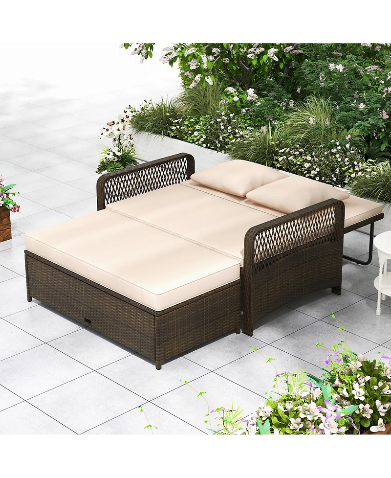 Gymax Patio Rattan Daybed Wicker Loveseat Sofa w/ Multifunctional Ottoman