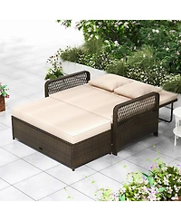 Gymax Patio Rattan Daybed Wicker Loveseat Sofa w/ Multifunctional Ottoman