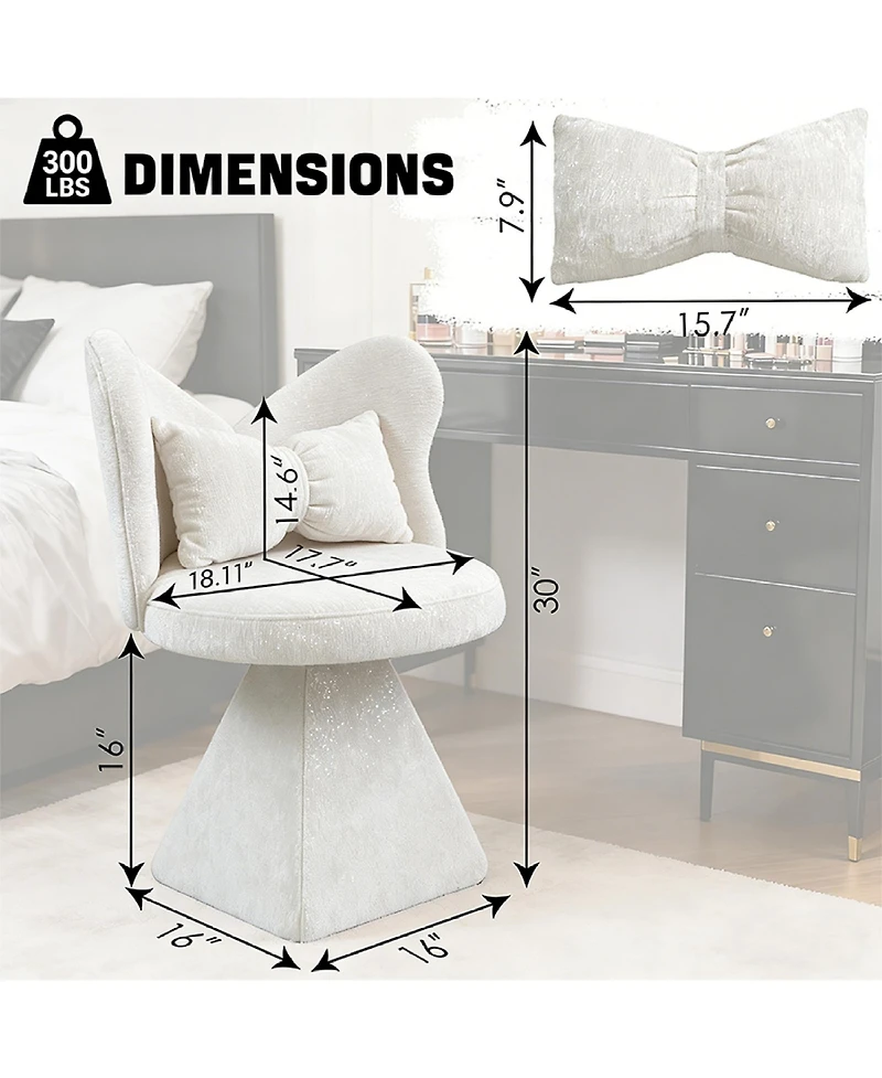 Rainsken Accent Chair with Butterfly Back, 360° Swivel Vanity Chair, Chenille Makeup Chairs with Sturdy Pyramid Base for Living Room
