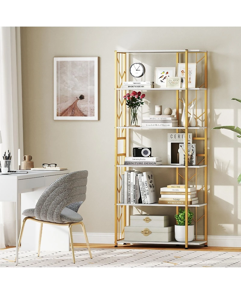 Slickblue 6-Tier Bookshelf Modern Geometric Bookcase with Heavy-duty Metal Frame and Anti-tipping