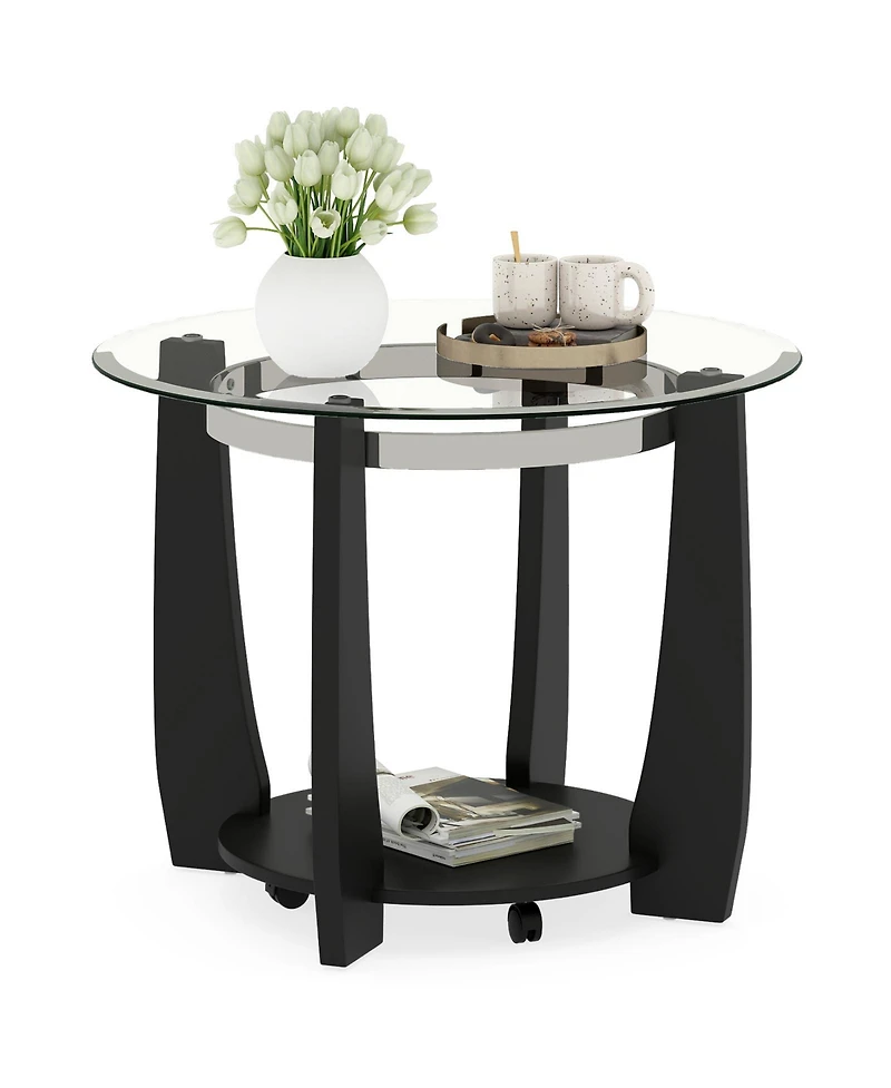 Sugift Two Tier Round Glass Coffee Table with Storage Shelf