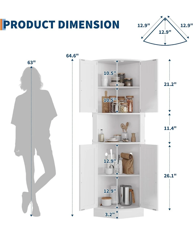 gaomon 64.6" Farmhouse Corner Cabinet with Led Light, Tall Bathroom Cabinet with 4 Barn Doors and 5 Tier Shelves, Freestanding Corner Bar Cabinet