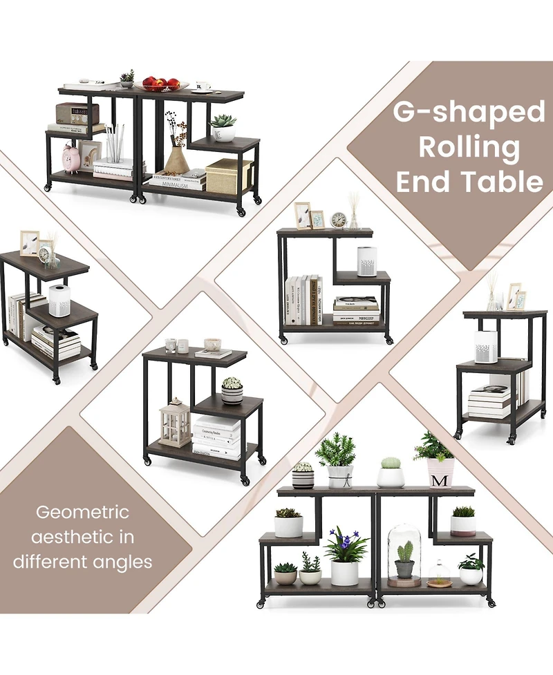 Sugift G Shaped Three Tier Mobile End Table with Open Shelves