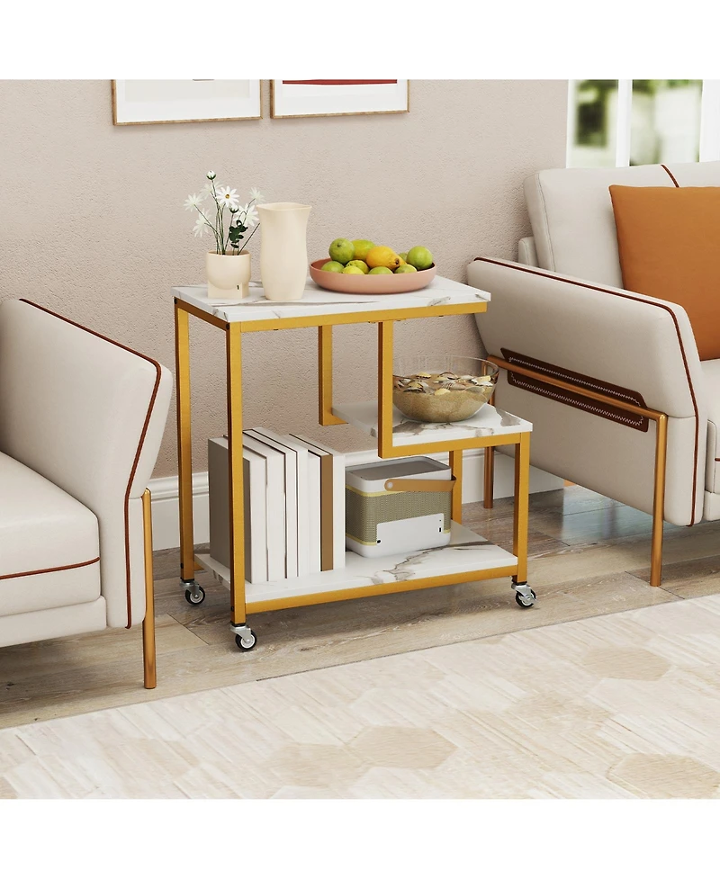 Sugift G Shaped Three Tier Mobile End Table with Open Shelves