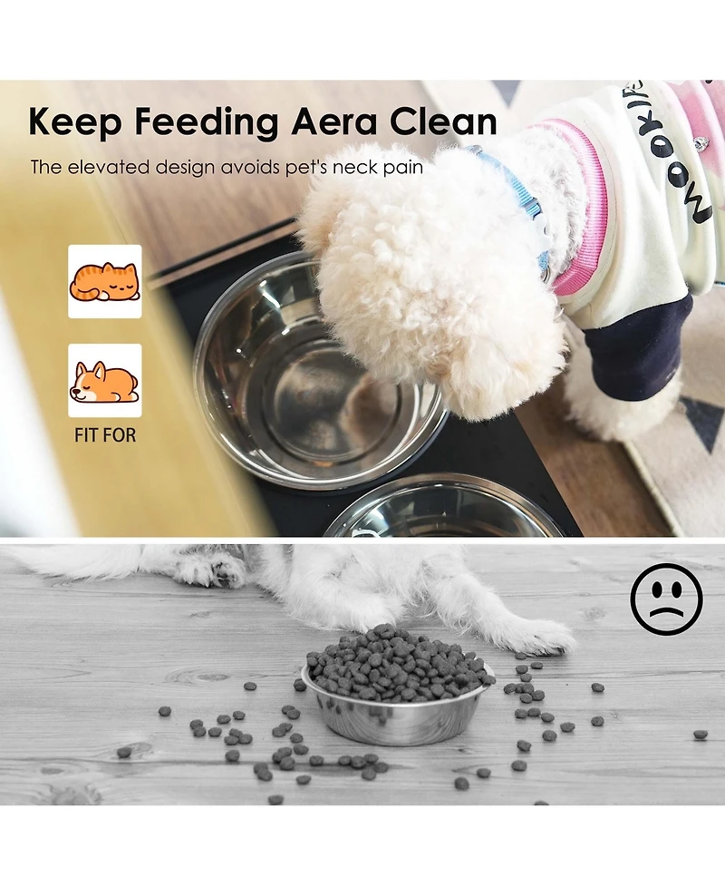 Aostirmotor Black Pet Feeding Station with Storage Cabinet and 2 Elevated Dog Bowls, Anti-Tip Design