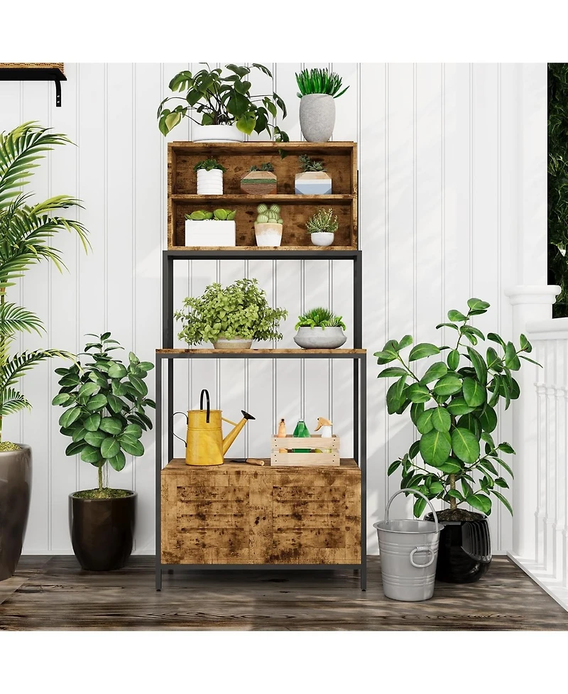 gaomon 67.7'' baker s rack with power outlet, 5 tier farmhouse microwave stand with shelves and cabinet, rustic kitchen storage rack, easy assembly.
