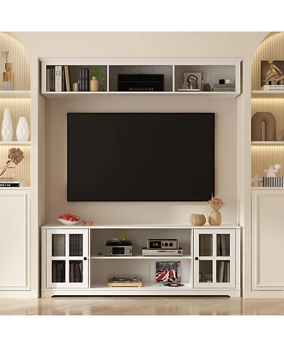Famapy Tv stand with top cabinets, entertainment center tempered glass doors, wooden media console