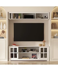 Famapy Tv stand with top cabinets, entertainment center tempered glass doors, wooden media console
