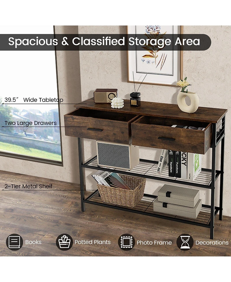 Sugift Entryway Console Table with Two Drawers and Tiered Shelves