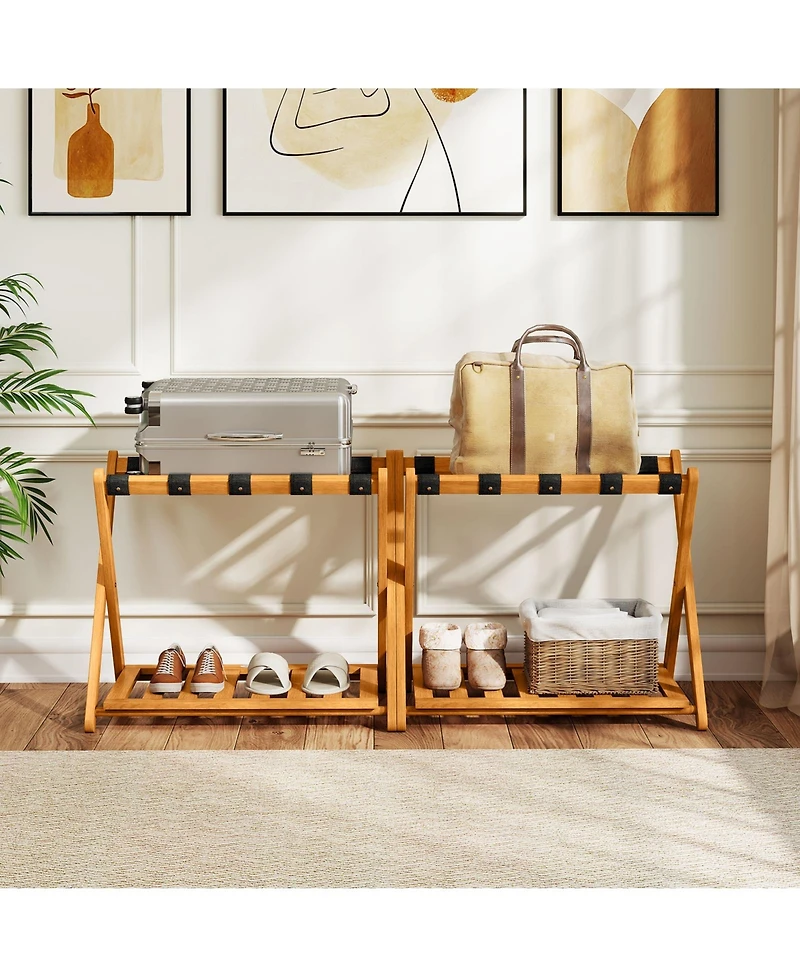 Sugift Set of Two Folding Luggage Racks with Straps and Shelf