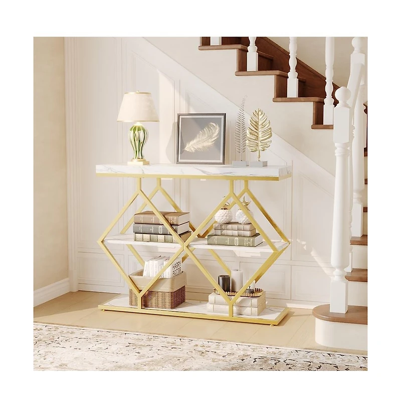 gaomon Entryway Table with Diamond Metal Frame, Marble Console with Open Shelf Storage, Adjustable Feet