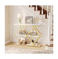 gaomon Entryway Table with Diamond Metal Frame, Marble Console with Open Shelf Storage, Adjustable Feet