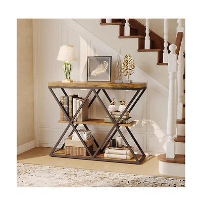 gaomon Industrial 3-Tier Entryway Table, Double X Metal Frames, 2 Storage Shelves, Rustic Wood, Living Room or Hallway