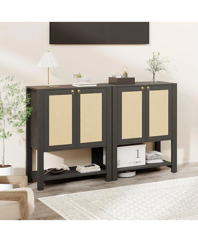 Homfan Rattan Shoe Cabinet for Entryway, 5-Tier Farmhouse Organizer Rack Narrow Storage with 2 Doors and Open Shelf Foyer Hallway