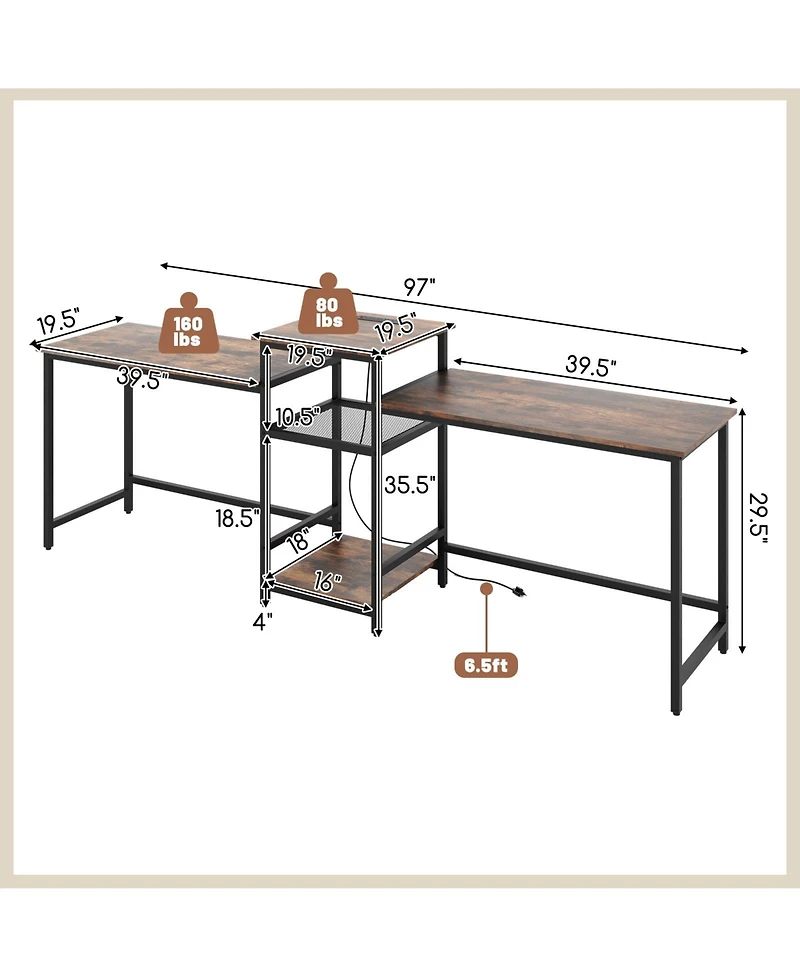 Sugift Two Person Computer Desk with Power Outlet and Printer Stand